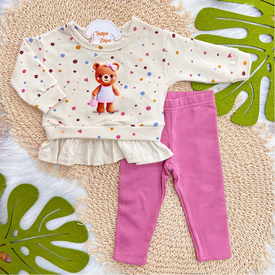 Conj. Casaco Ursinha Fofinha e Calça Legging - Areia e Uva